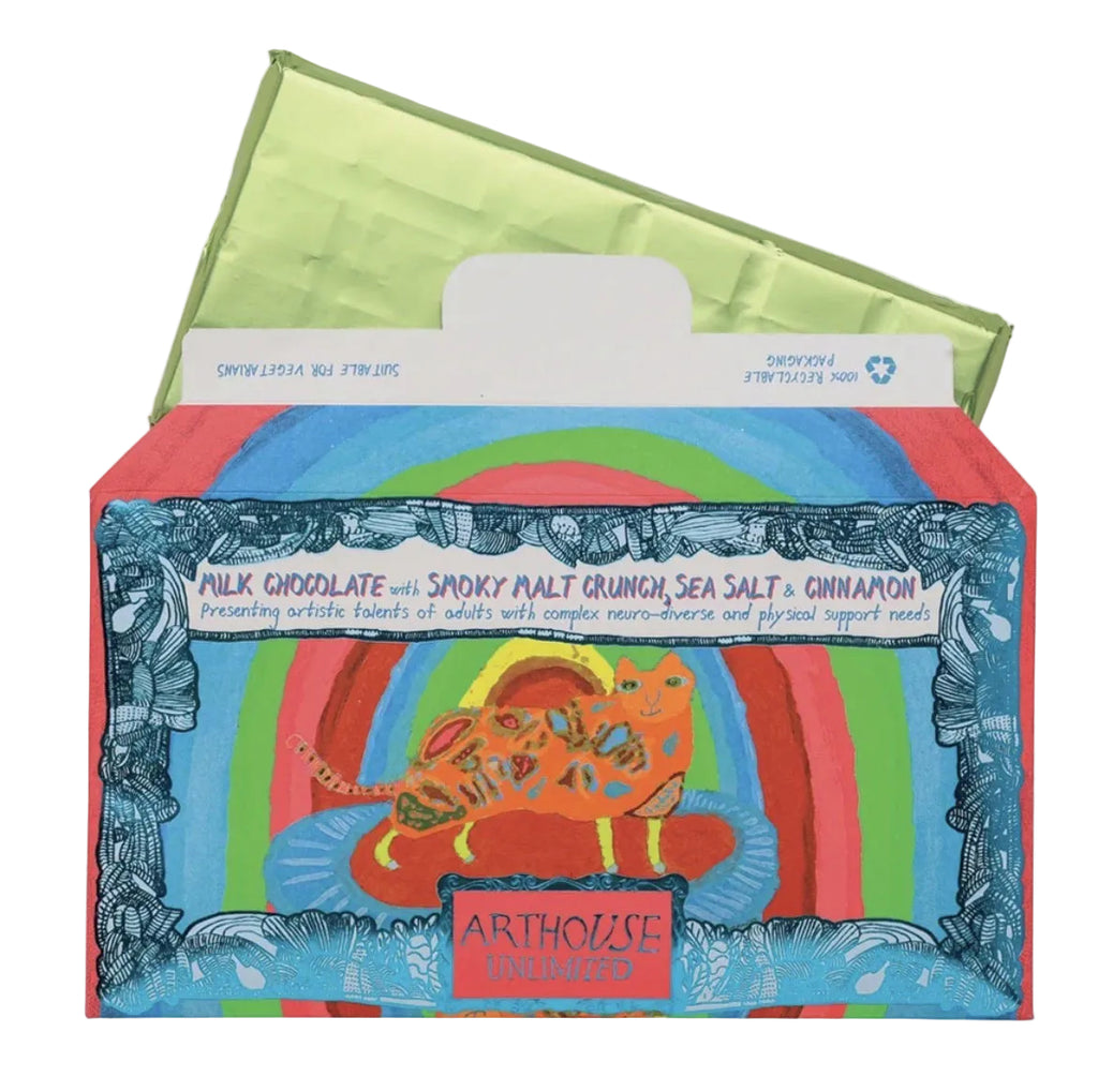 Arthouse Unlimited Rainbow Cat Milk Chocolate Bar with Smoky Malt Crunch, Sea Salt & Cinnamon 85g