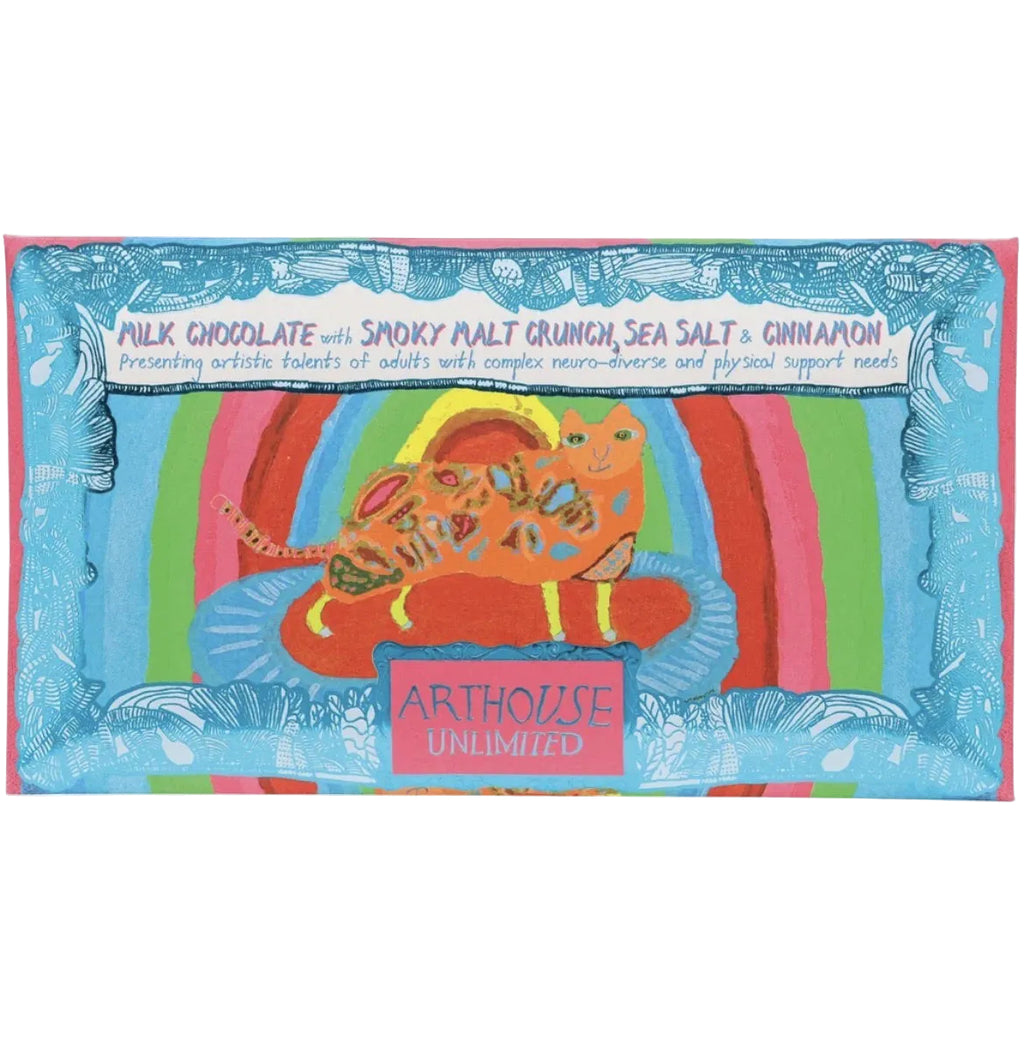 Arthouse Unlimited Rainbow Cat Milk Chocolate Bar with Smoky Malt Crunch, Sea Salt & Cinnamon 85g