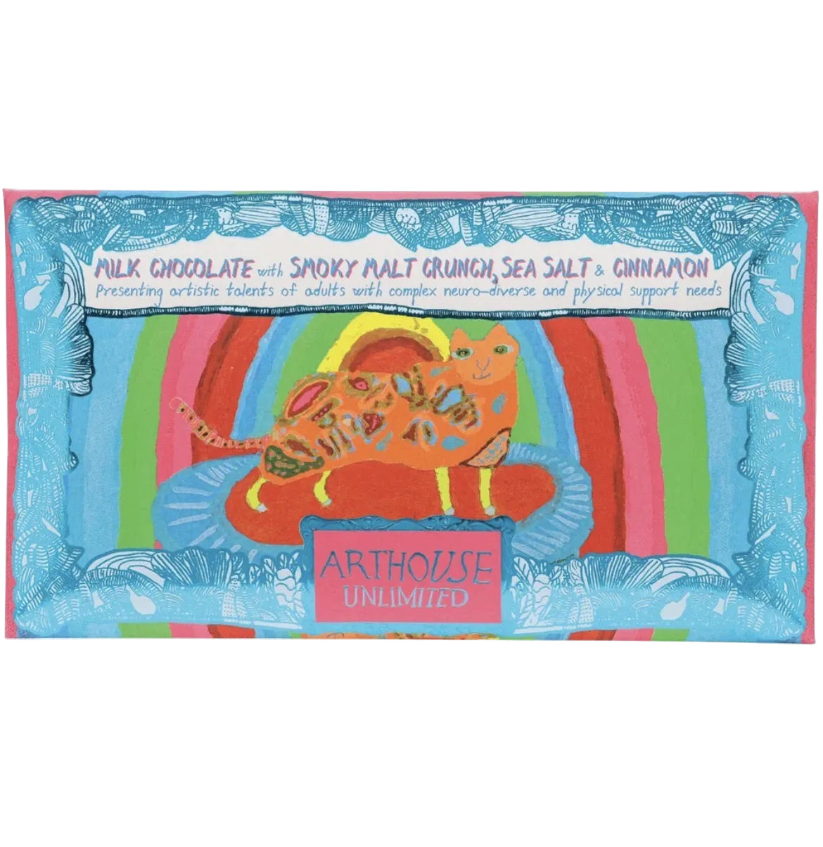 Arthouse Unlimited Rainbow Cat Milk Chocolate Bar with Smoky Malt Crunch, Sea Salt & Cinnamon 85g